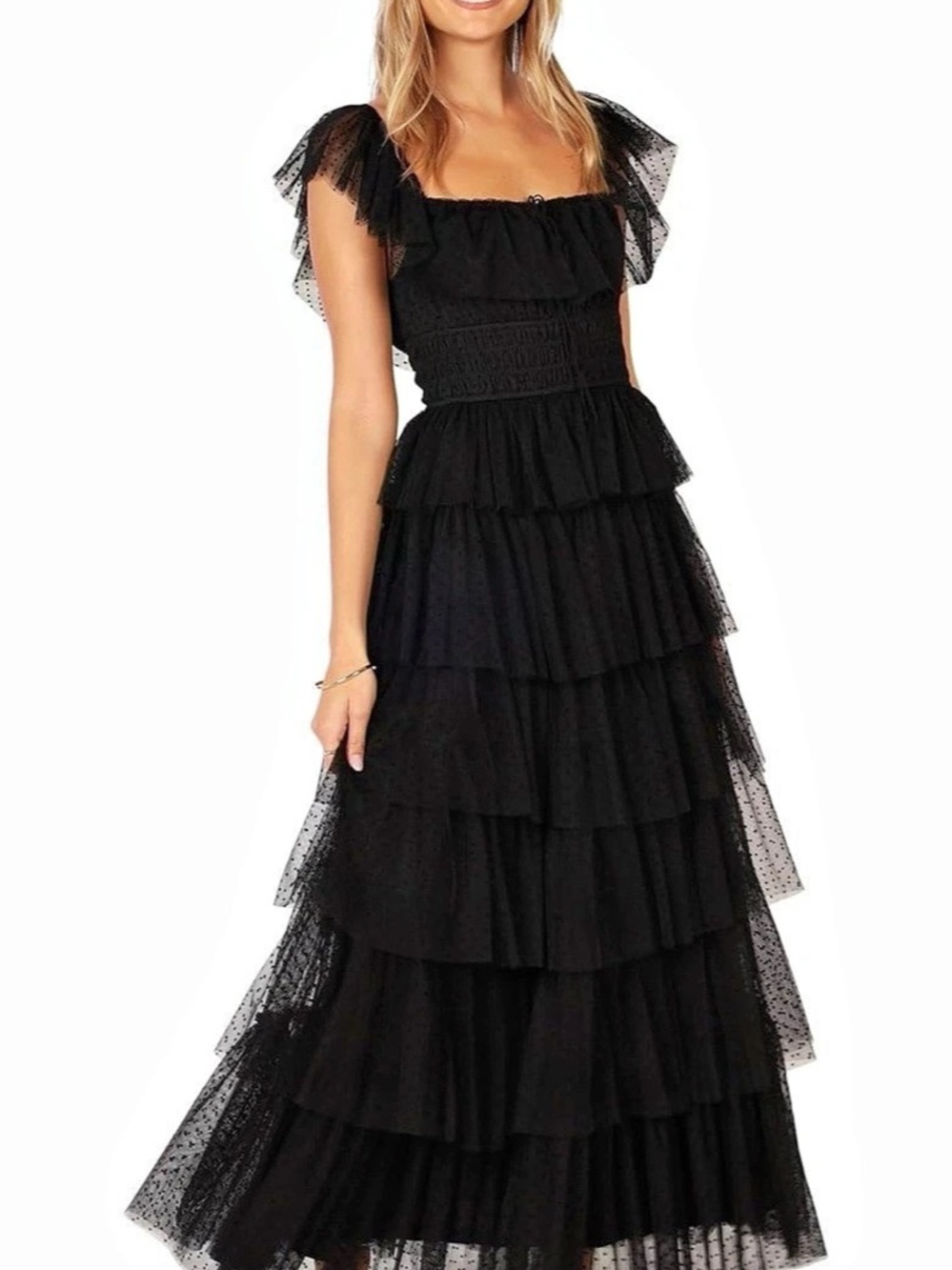 Petal & Pup Belle Swiss Dot Tulle Tiered Maxi Dress Black